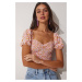 Happiness İstanbul Women's Pink Cream Floral Gathered Carmen Collar Crop Knitted