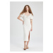 DEFACTO A-Line Gathered Neck Slit White Linen Short Sleeve Midi Dress