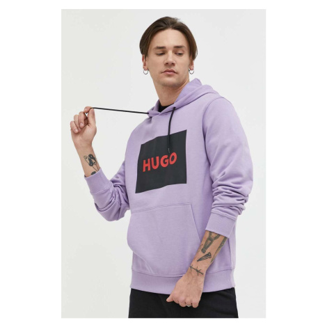 Bavlnená mikina HUGO pánska,fialová farba,s kapucňou,s potlačou,50473168 Hugo Boss