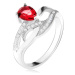 Lesklý prsteň zo striebra 925, červený kameň v tvare slzy, zvlnené zirkónové línie - Veľkosť: 54