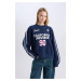 DEFACTO Women's Navy Blue Cool Oversize Fit Wide Pattern Crew Neck Back Printed Thick Sweatshirt