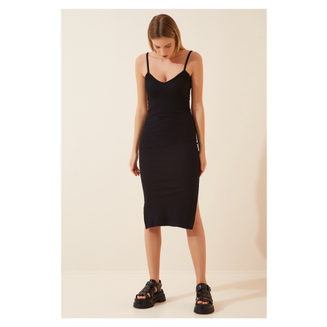 Happiness İstanbul Women's Black Straps and Slits Knitted Dress