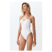 Trendyol White V-Neck Tie-Up Premium Fabric Regular Swimsuit