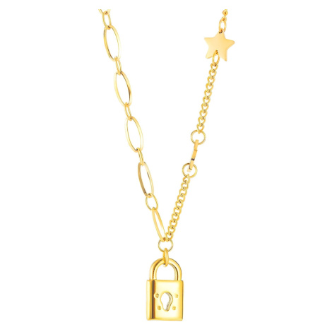 Oceľový náhrdelník zlatej farby - zámok s kľúčovou dierkou, hviezdičky, okrúhle a oválne očká