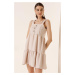 By Saygı Thick Straps and Lined Striped Frilled Dress Beige