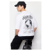 Trendyol White Oversize/Wide-Fit Ruffle Text Print Short Sleeve 100% Cotton T-Shirt