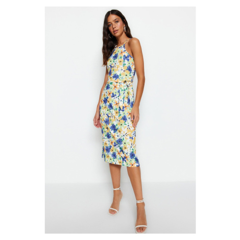 Trendyol Green Floral Print Halter Neck Belted Crepe Midi Knitted Dress