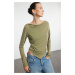 Trendyol Green Modal Fabric Lace Collar Draped Padded Asymmetrical Knitted Blouse