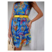 Bright, patterned dress with belt in dark blue-yellow color