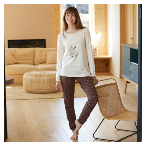 Blancheporte Pyžamo s motívom mačky a volánovými dlhými rukávmi prírodná/čokoládová