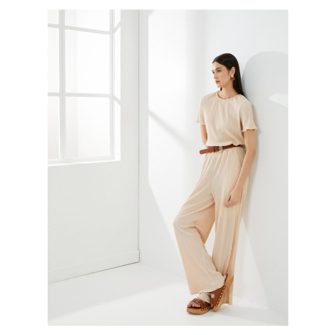 Koton Wide Leg Trousers Tied Waist Relaxed Fit Textured Pocket