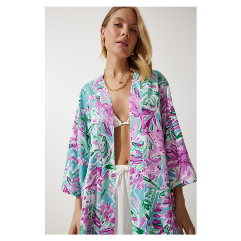 Happiness İstanbul Women's Green Pink Patterned Viscose Kimono