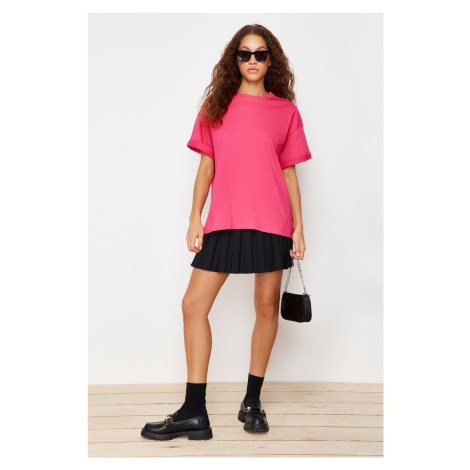 Trendyol Fuchsia 100% Cotton Premium Oversize/Wide Fit Crew Neck Knitted T-Shirt