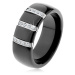 Čierny keramický prsteň s hladkým povrchom, tri oceľové pásy so zirkónmi - Veľkosť: 51 mm