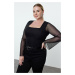 Trendyol Curve Black Tulle Knitted Plus Size Blouse