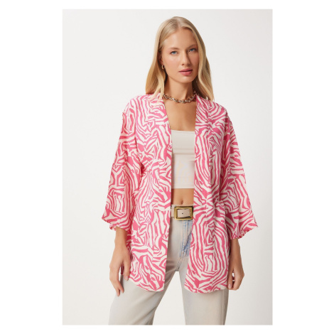 Happiness İstanbul Women's Pink Patterned Viscose Kimono