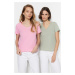 Trendyol Pink-Mint 100% Cotton 2-Pack Basic V-Neck Knitted T-Shirt