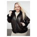 Trendyol Curve Brown Regular Fit Faux Leather Biker Coat with Fur Detail