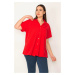 Şans Women's Plus Size Red Tops Collar Short Sleeve Shirt with Buttons