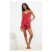 Trendyol Burgundy Ruffled Rope Strap Satin Woven Pajama Set