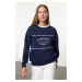 Trendyol Navy Blue Slogan Printed Oversize/Wide Pattern Thick Inside Polar Fleece Knitted Sweats