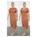 Trendyol Curve Brown Reversible Pleated Midi Plus Size Dress