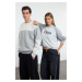 Trendyol Grey Melange Couple Printed Relaxed/Comfortable Thick Knitted Sweatshirt