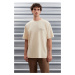 GRIMELANGE Darell Men's Oversize Fit 100% Cotton Thick Textured Printed Beige T-shir