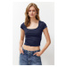 Trendyol Navy Blue More Sustainable Fitted Gathered Stretchy Knitted Blouse