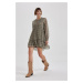 DEFACTO Round Neck Patterned Chiffon Long Sleeve Mini Dress