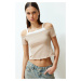 Trendyol Mink Color Blocked Carmen Collar Crop Short Sleeve Knitted Blouse