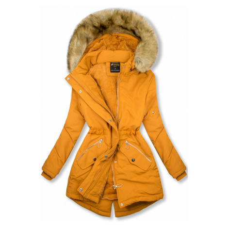 Horčicovožltá zimná bunda s hnedou kožušinou