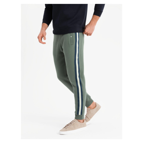 Ombre Men's sweatpants with piping and leg ribbing - olive