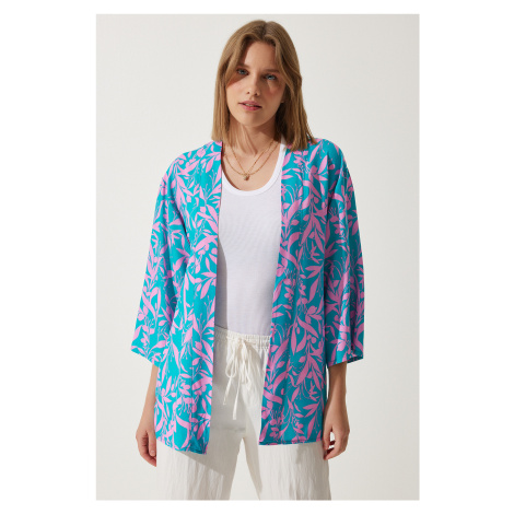 Happiness İstanbul Women's Pink Sky Blue Patterned Viscose Kimono