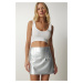 Happiness İstanbul Women's Metallic Gray Collared Glossy Mini Skirt
