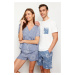 Trendyol Ecru Blue Printed Regular Fit Couple/Double Knitted Shorts Pajama Set