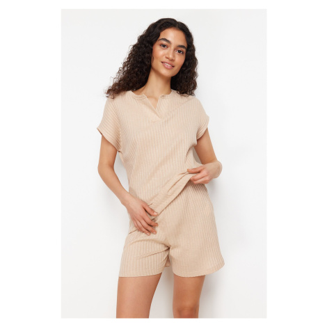 Trendyol Beige Ribbed Knitted Pajama Set