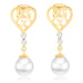 Náušnice zo zlata 585 - srdce s vyrezávanými ornamentmi, briliantmi a perlou