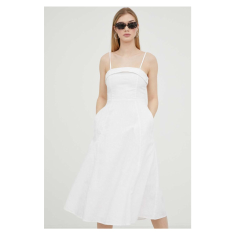 Ľanové šaty Abercrombie & Fitch biela farba, midi, áčkový strih