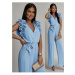 Pleated jumpsuit with ruffles, blue