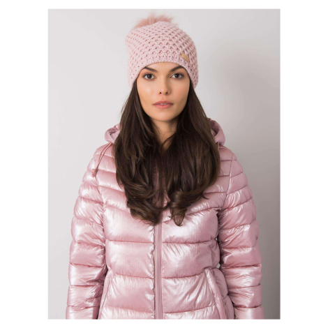 Lady's light pink beanie with pompoms