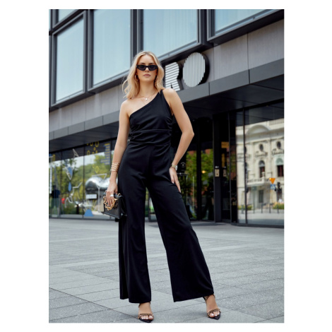 Elegant one-shoulder overall with wide legs in black FASARDI