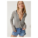 Happiness İstanbul Women's Gray Lightweight Transparent Polo Collar Summer Knitwear Cardigan