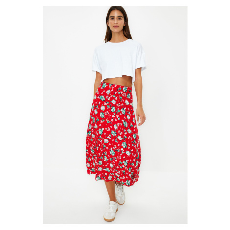 Trendyol Red Floral Patterned Viscose Fabric Midi Woven Skirt