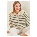 Bianco Lucci Women's Buttoned Collar Turtleneck Striped Knitwear Sweater