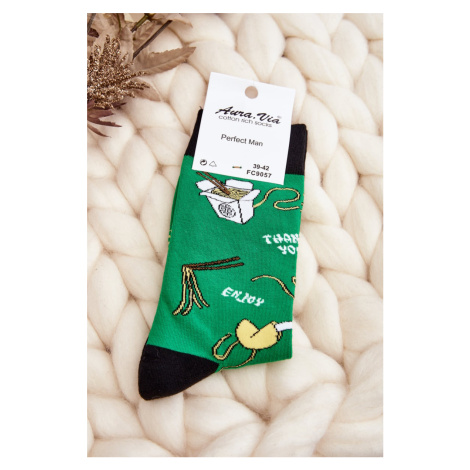 Men's socks with Asian noodle patterns, green