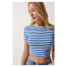 Happiness İstanbul Women's Blue Striped Crop Knitted T-Shirt