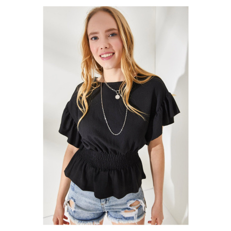 Olalook Women's Black Elastic Waist Frilly Sleeve Bat Bat Blouse