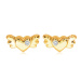 Puzetové zlaté 9K náušnice - plné symetrické srdiečko s krídlami a zirkónom čírej farby
