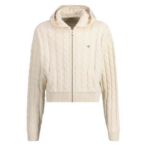 SVETER GANT SHIELD CROPPED CABLE ZIP HOODIE EGGSHELL